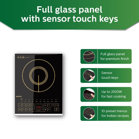 Philips HD4938/01 2100W Induction Cooktop | Sensor Touch | 10 Indian Menus | Full Glass Panel – Black