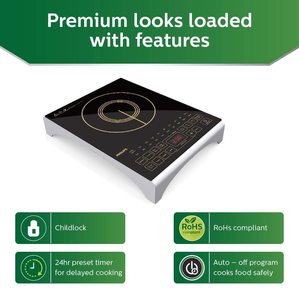 Philips HD4938/01 2100W Induction Cooktop | Sensor Touch | 10 Indian Menus | Full Glass Panel – Black