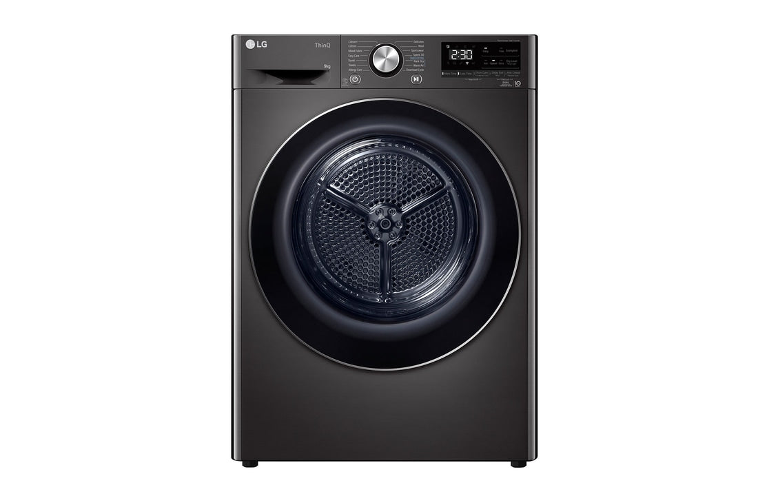 LG 9 kg Dryer with Dual Inverter Heat Pump™, EcoHybrid Technology, Black Steel — DHV09SAB — product view
