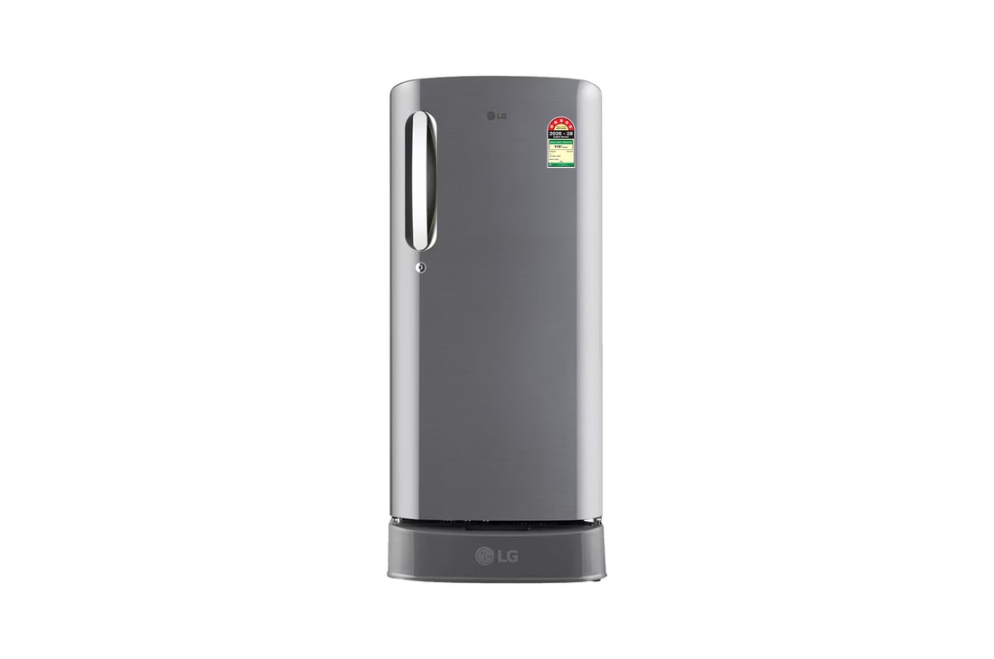 LG 185 L Single Door Refrigerator with Base Stand Drawer, Smart Inverter Compressor, Shiny Steel, 5 Star — GLD1956ZAPZ — product view