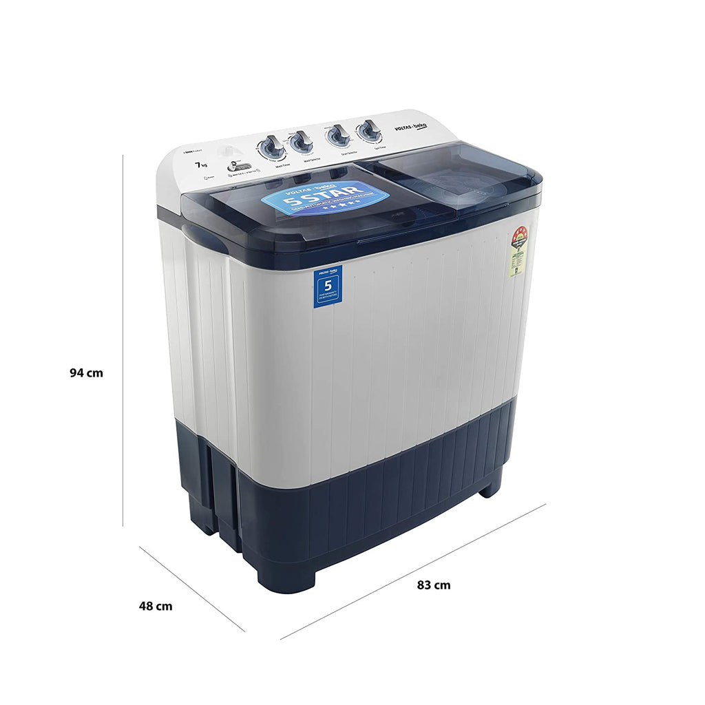 Voltas Beko WTT70DBLT 7 kg Semi-Automatic Top Loading Washing Machine Appliance, Double Waterfall (Sky Blue)