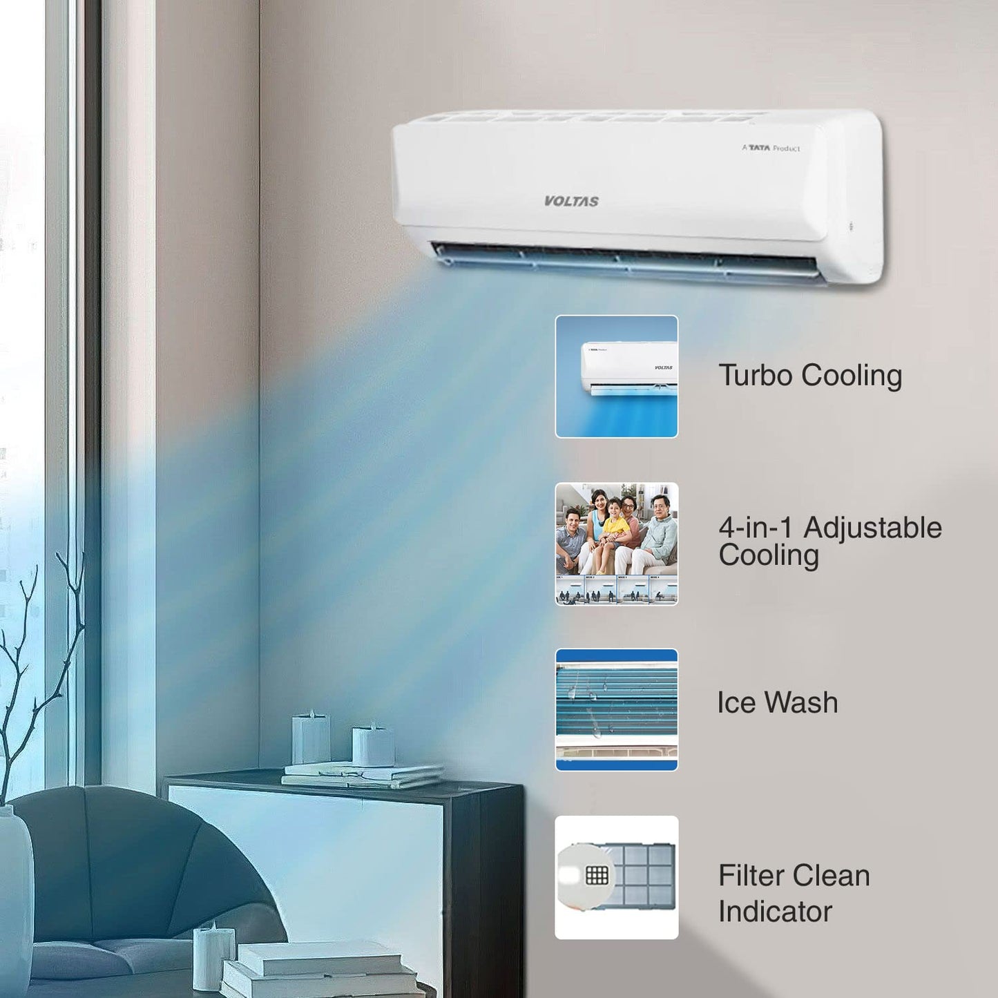 Voltas 2 Ton 3 Star  243V Vertis Emerald Inverter Split AC Copper, 5-in-1 Maha Adjustable