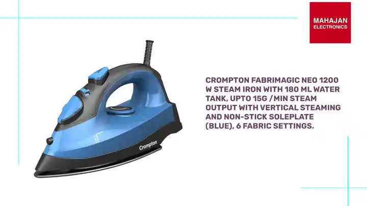 Crompton Fabrimagic Neo 1200 W Steam Iron with 180 ml water tank, Upto 15g /min Steam Output with Vertical Steaming and Non-Stick Soleplate (Blue), 6 Fabric Settings