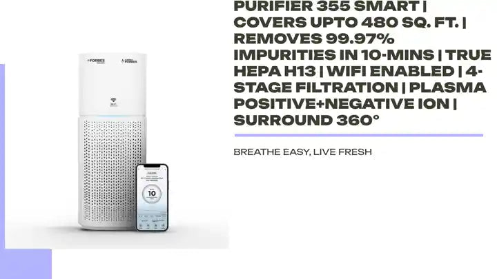 Eureka Forbes Smart Air Purifier 355 Smart | Covers upto 480 Sq. Ft. | Removes 99.97% Impurities in 10-Mins | True Hepa H13 | WiFi Enabled | 4-Stage Filtration | Plasma Positive+Negative Ion | Surround 360°