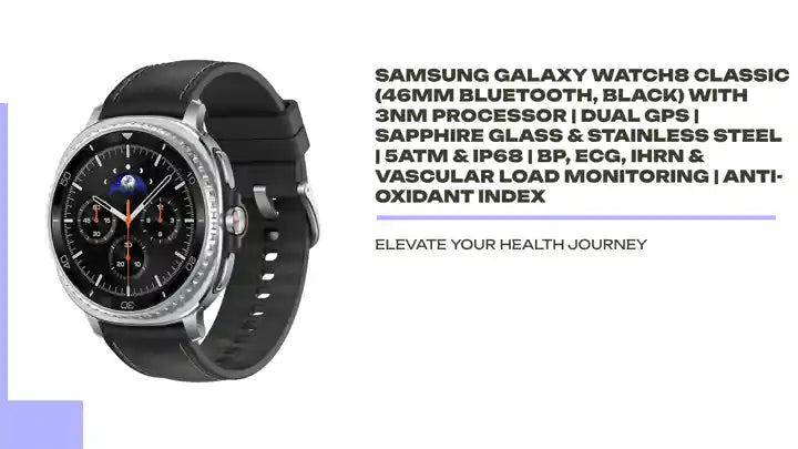 Samsung Galaxy Watch8 Classic (46mm Bluetooth, Black) with 3nm Processor | Dual GPS | Sapphire Glass & Stainless Steel | 5ATM & IP68 | BP, ECG, IHRN & Vascular Load Monitoring | Anti-oxidant Index