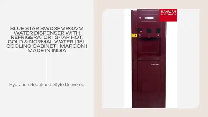 Blue Star BWD3FMRGA-M Water Dispenser with Refrigerator | 3-Tap Hot, Cold & Normal Water | 15L Cooling Cabinet | Maroon | Made in India