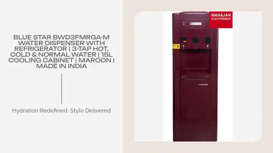 Blue Star BWD3FMRGA-M Water Dispenser with Refrigerator | 3-Tap Hot, Cold & Normal Water | 15L Cooling Cabinet | Maroon | Made in India